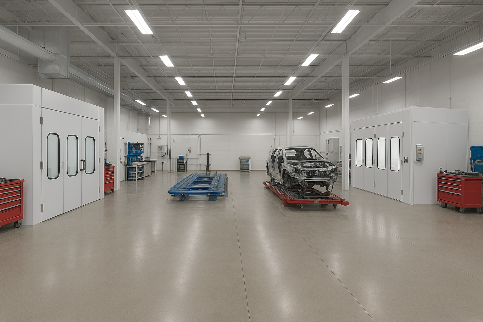 Modern professional auto body shop interior with frame alignment equipment and spray booths used by certified collision repair technicians