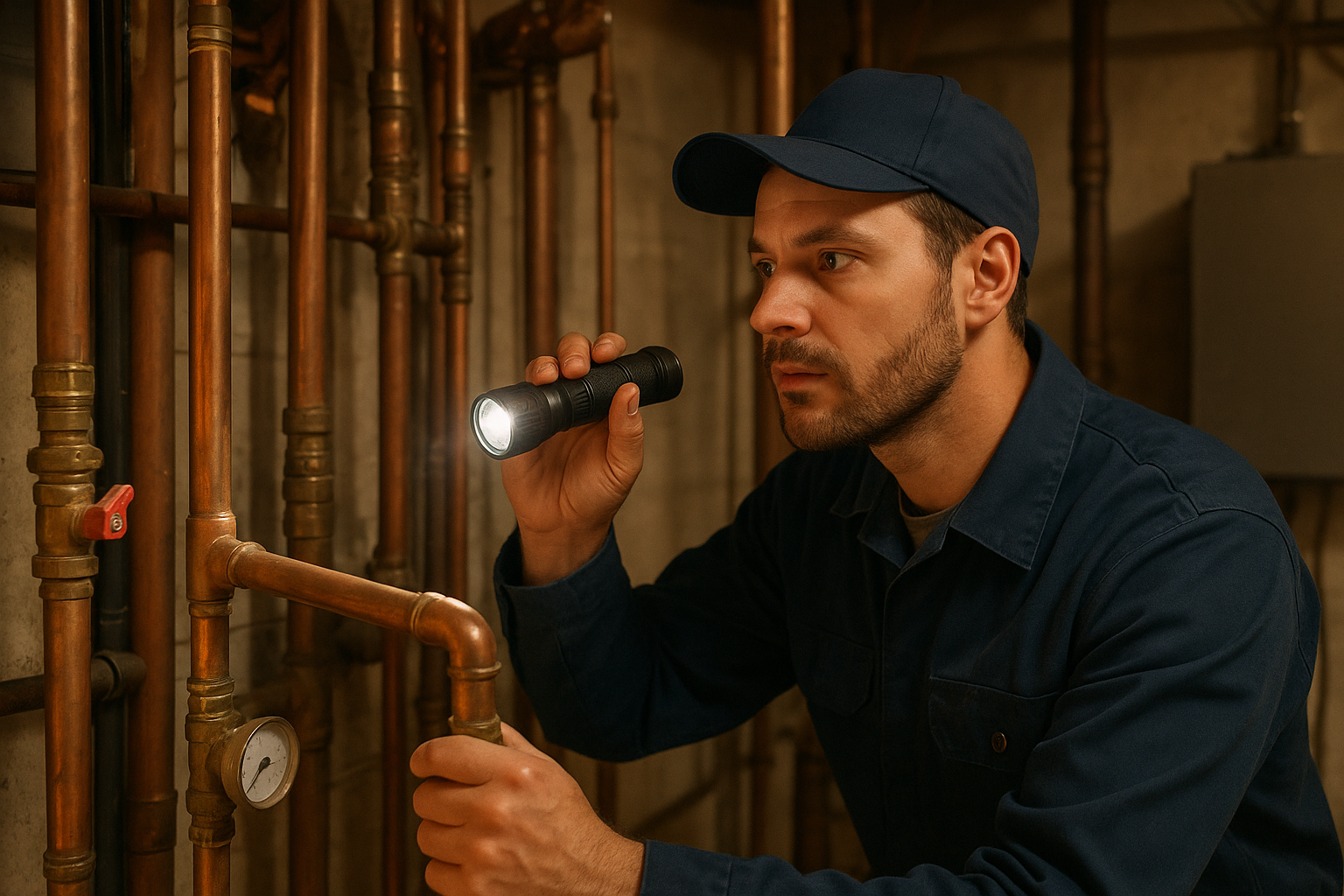 107e47c5_commercial-plumber-inspection Licensed plumber inspecting commercial pipes in an office building mechanical room