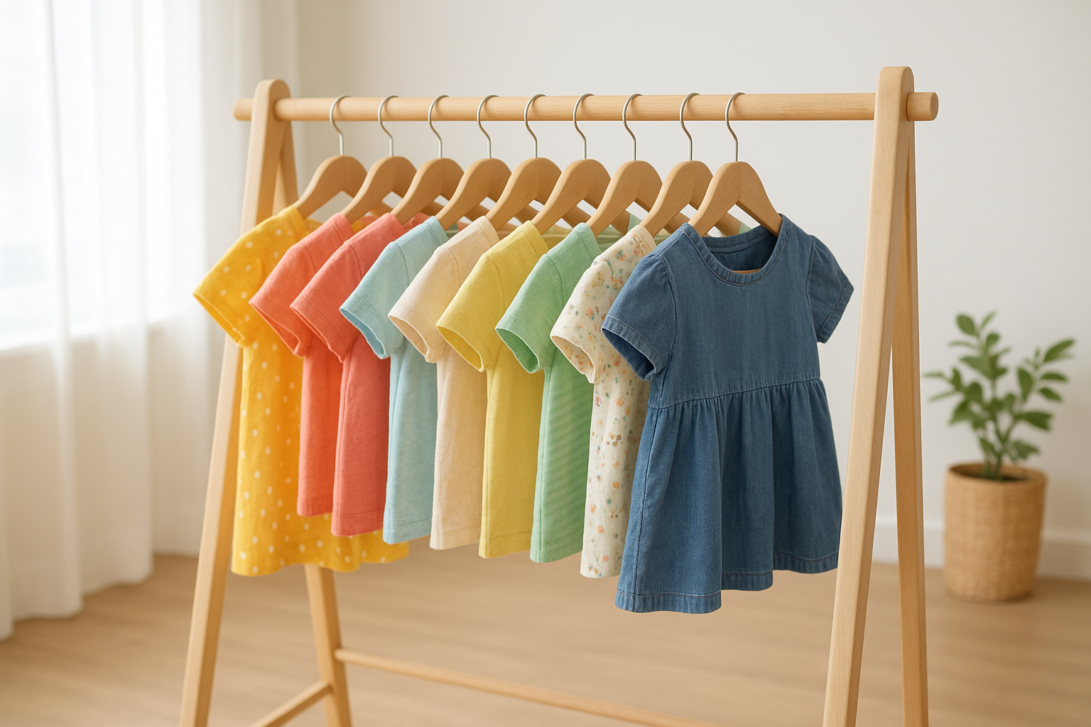 Rack of gently used children's garments illustrating sustainable premium kids fashion rental