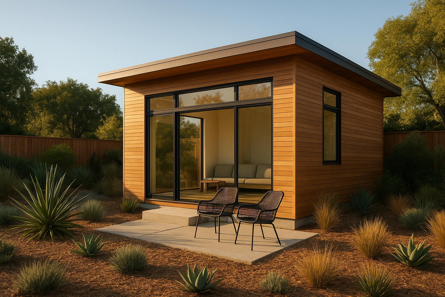 Modern accessory dwelling unit California backyard with wood cladding and drought-tolerant landscaping