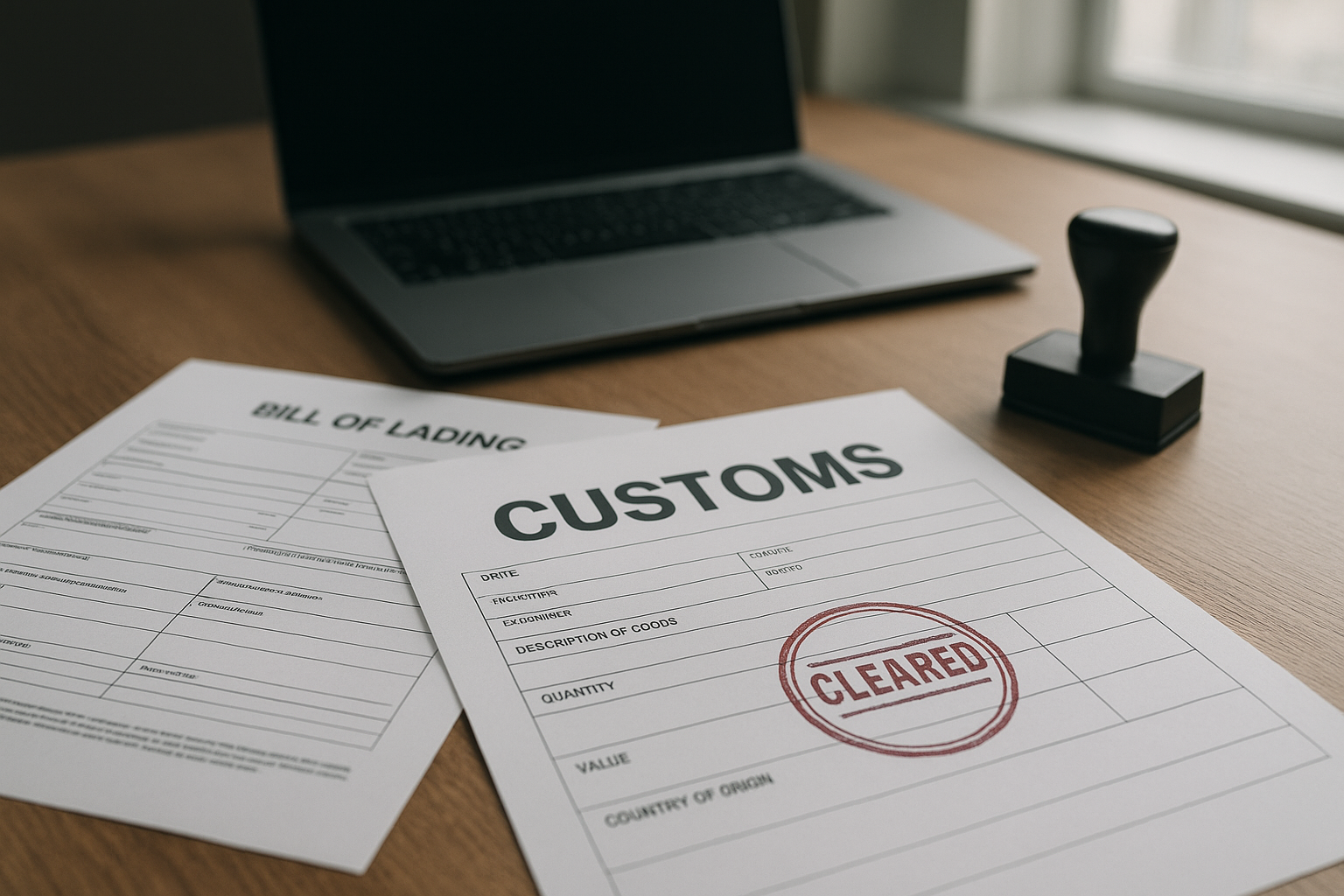 Customs paperwork and bill of lading used to clear harbour freight through a seaport