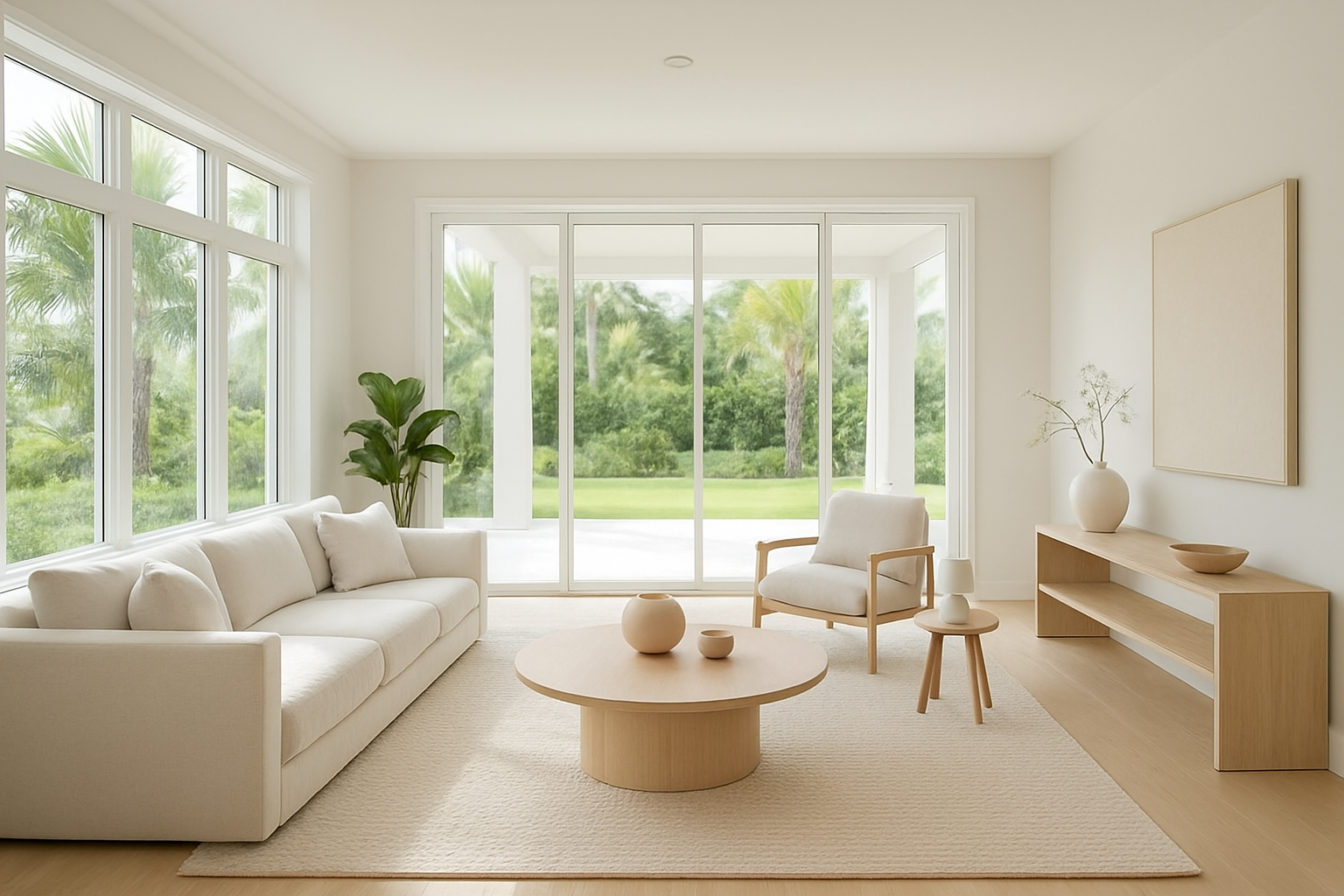 Bright open-concept living room interior in a South Florida home similar to current Miami listings