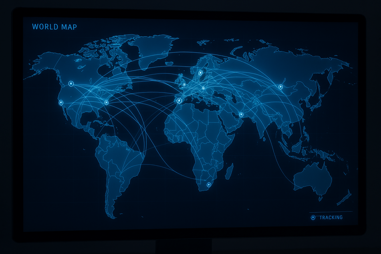 Digital dashboard displaying air cargo tracking flight paths between international airports