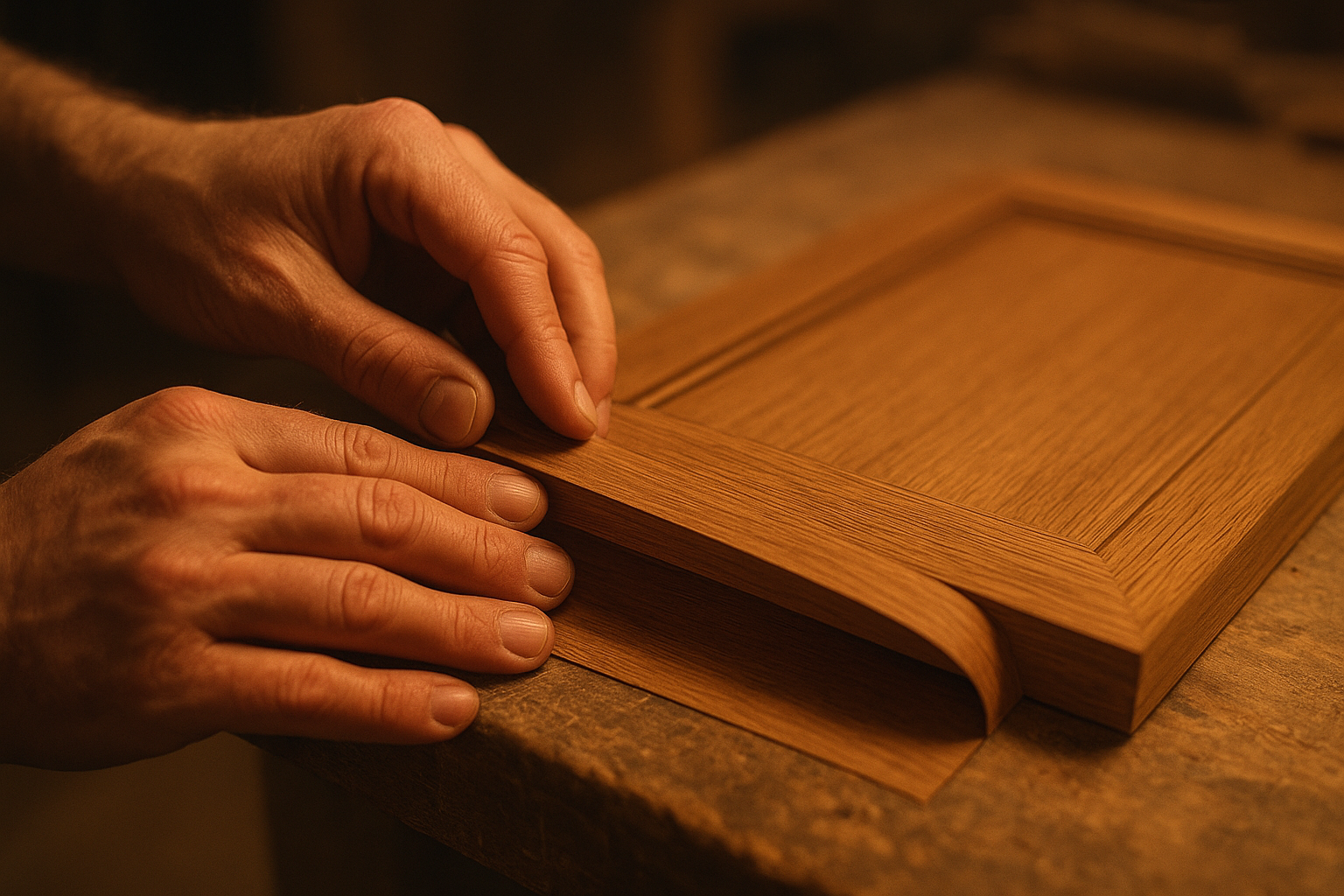 Craftsman applying veneer material during a kitchen cabinet refacing project
