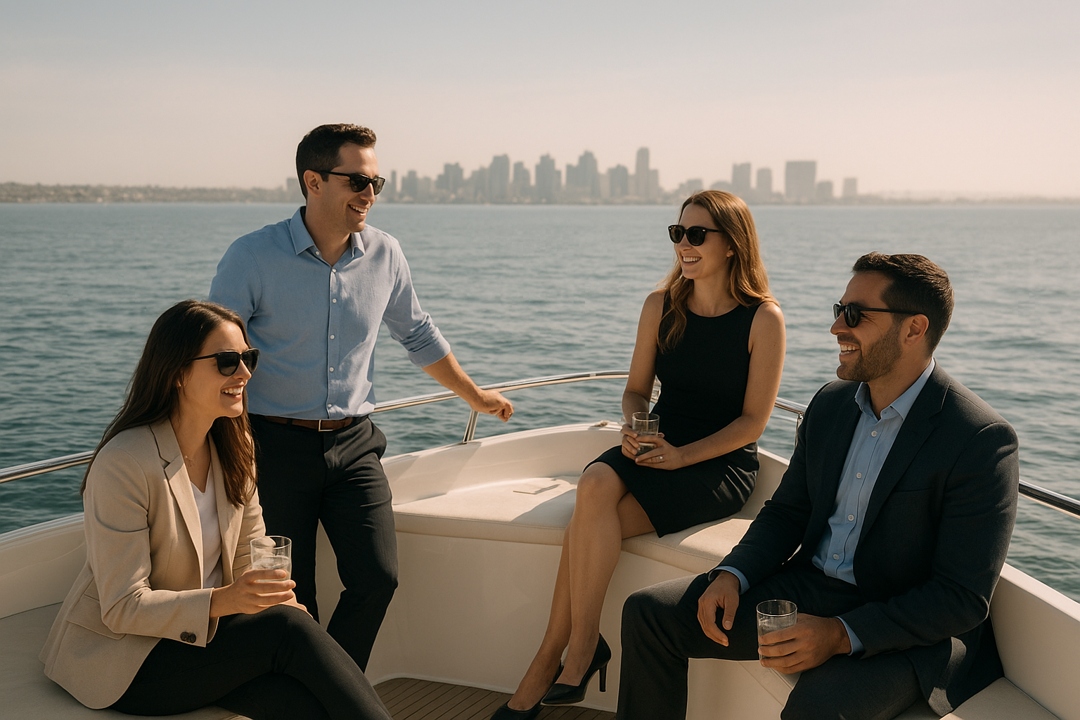Small group enjoying a custom boat tour on San Diego coastal waters