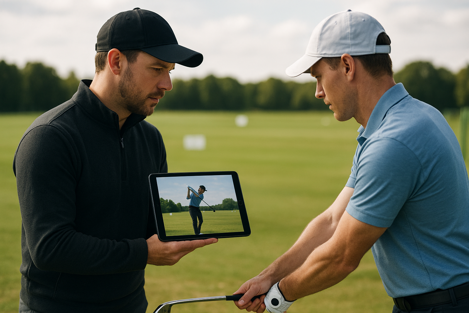 Golfer receiving professional golf training feedback from a coach reviewing swing video on a tablet
