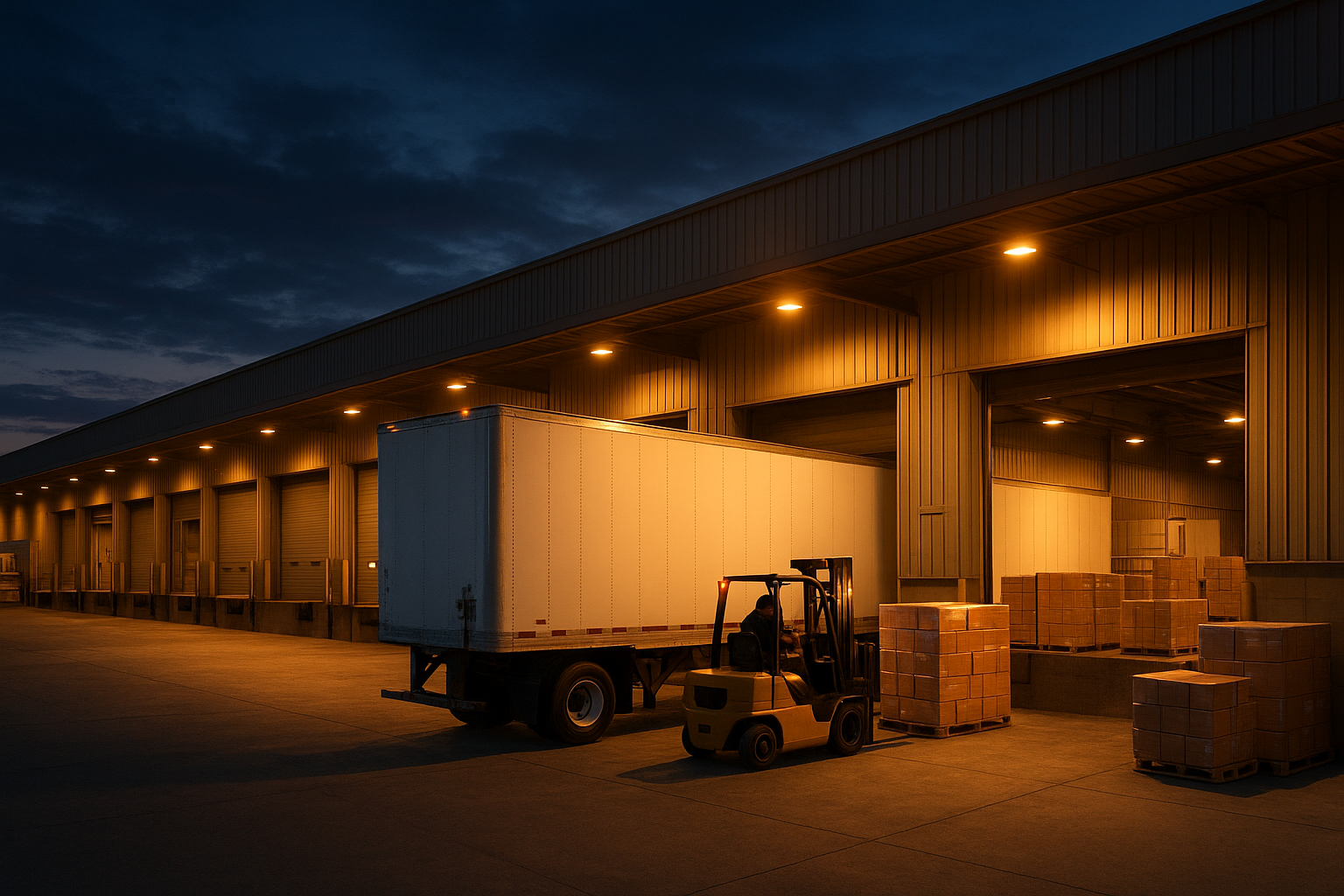 FedEx Freight LTL trailer being loaded with palletized cargo at a distribution dock
