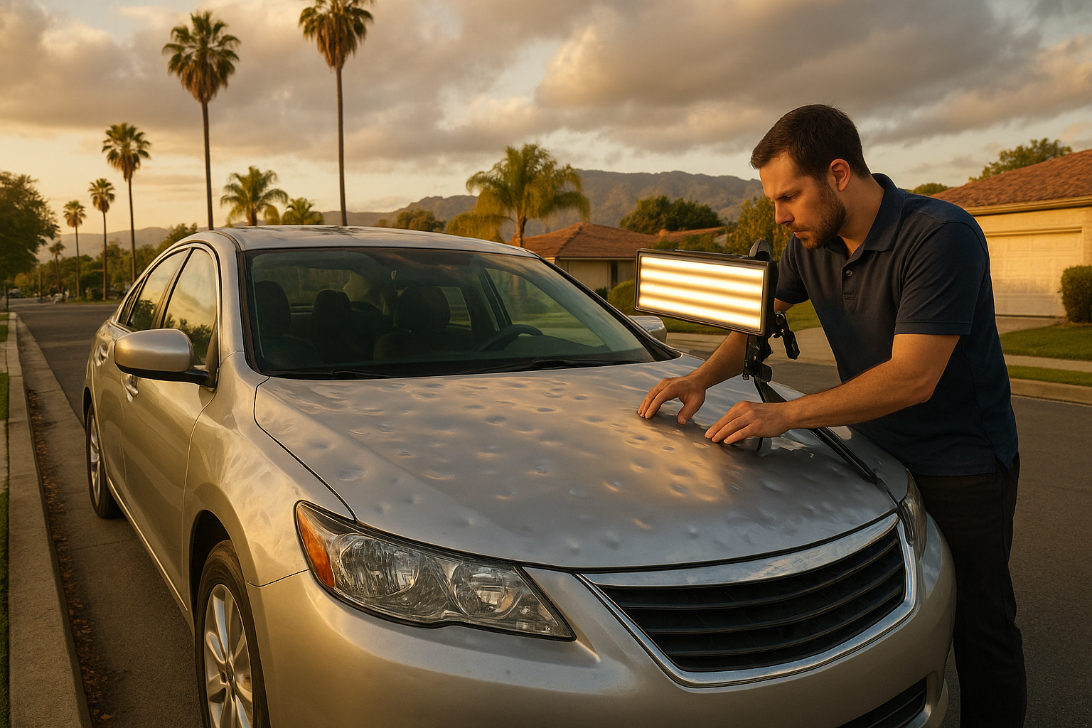 Technician assessing hail damage repair in Brea on a silver sedan