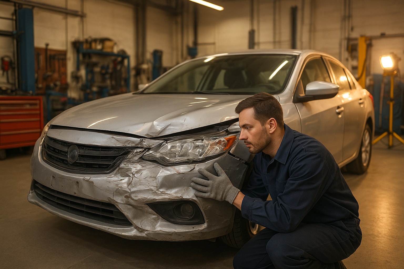 Certified technician inspecting vehicle damage before body shop work begins