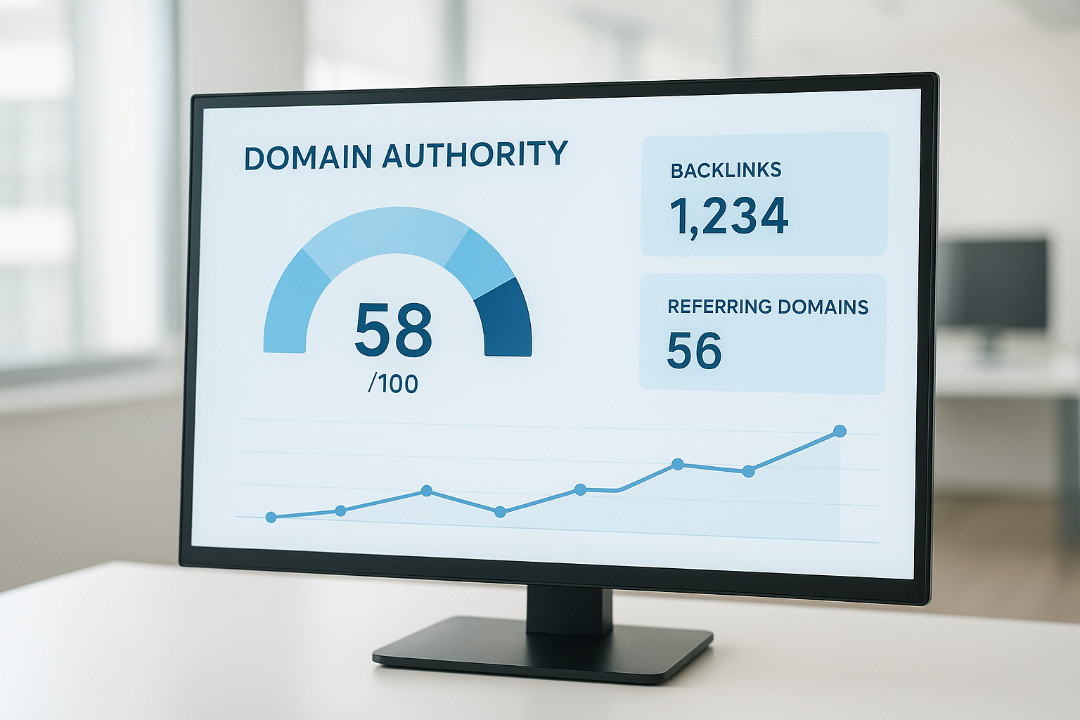 Dashboard displaying domain authority score of 58 with backlink metrics and an upward trending graph