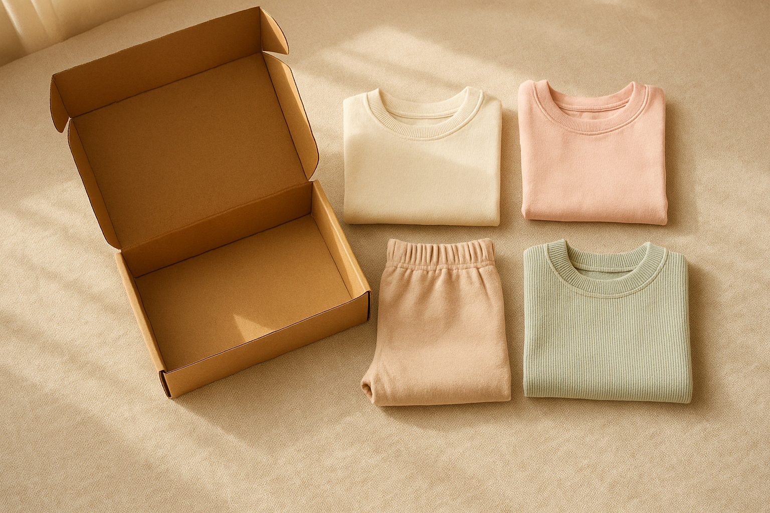 Curated fashion subscription box for children with folded pastel outfits
