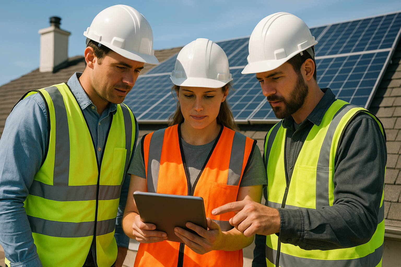 Solar installation crew checking job milestones on a connected production job board