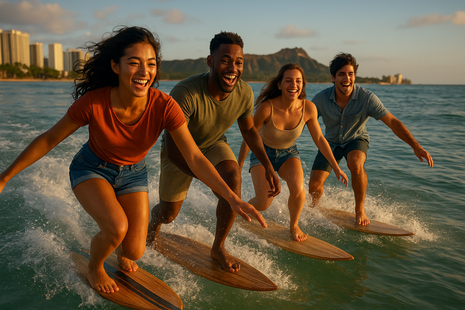 Friends riding gentle beginner waves together during a Waikiki group surf lesson with Diamond Head in background