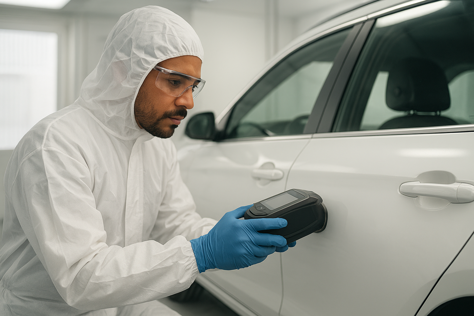 Technician using a spectrophotometer for Brea auto paint matching on a vehicle door panel