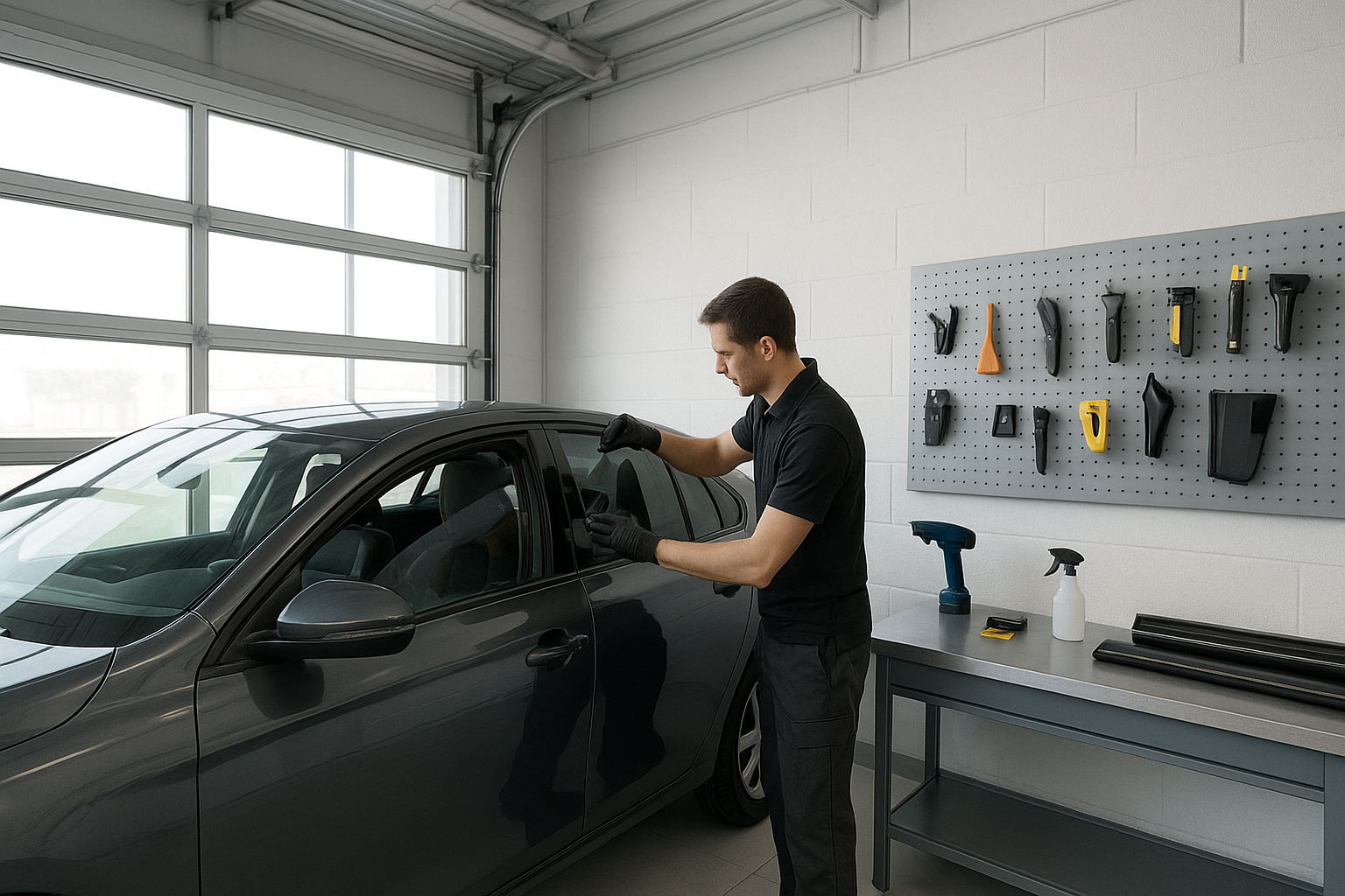 Interior view of a window tint installation bay with technician working on a vehicle