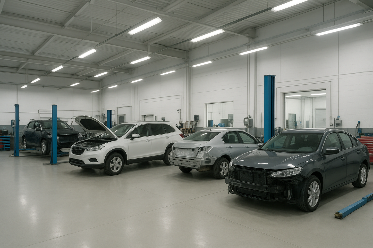 Interior of a professional auto body repair shop with vehicles undergoing collision repair
