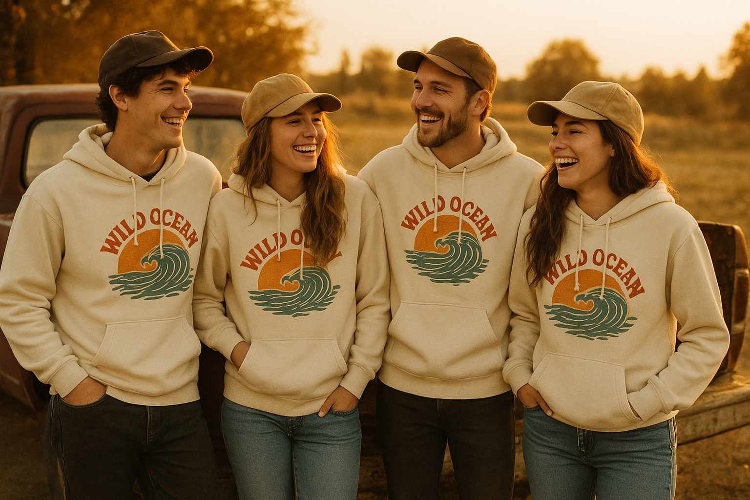 Friends wearing matching custom merchandise hoodies and caps outdoors near a vintage truck