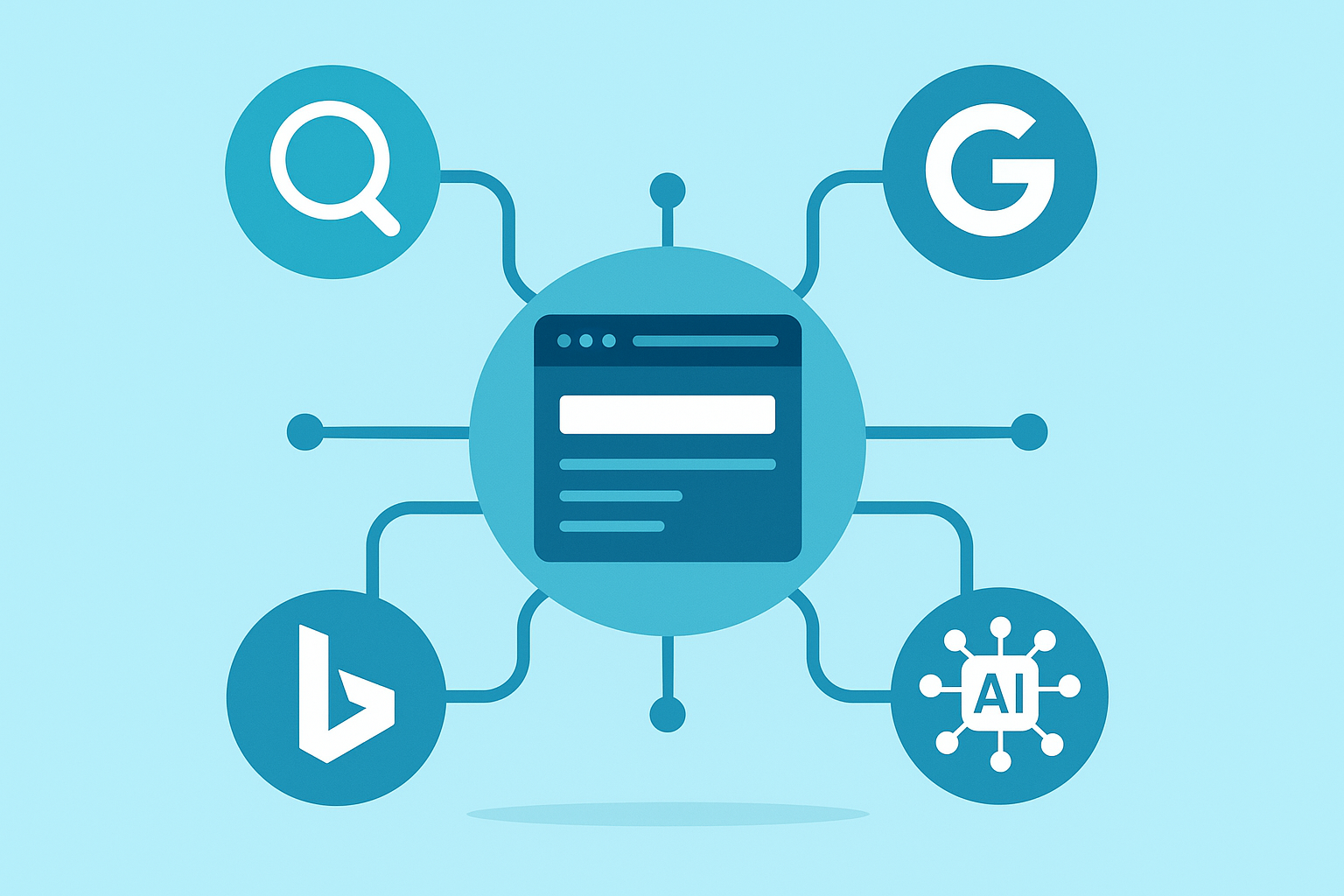 Illustration of a website connected to multiple AI search platforms representing automated visibility