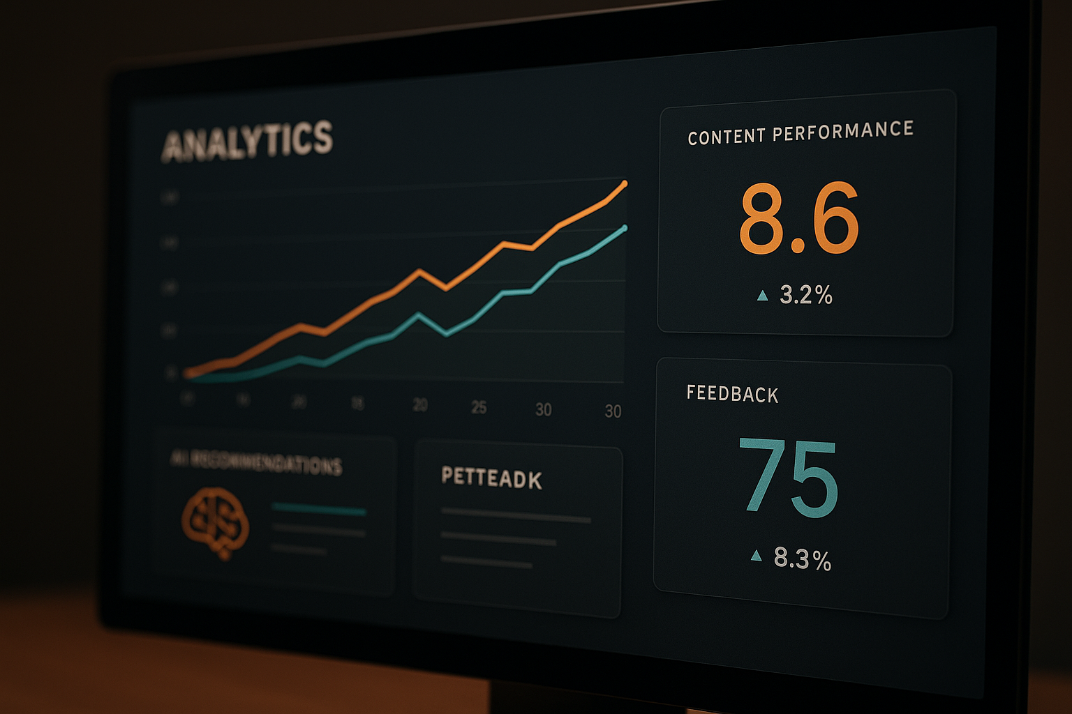 Content marketing analytics dashboard showing AI-powered performance insights and rising ROI metrics