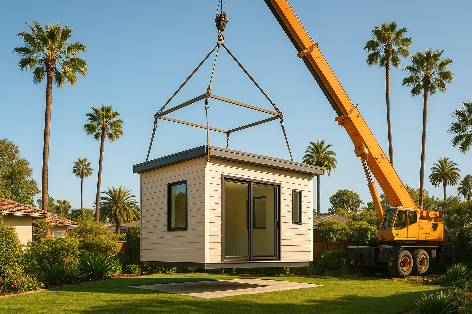 Prefab ADU options being installed by crane in a Southern California backyard
