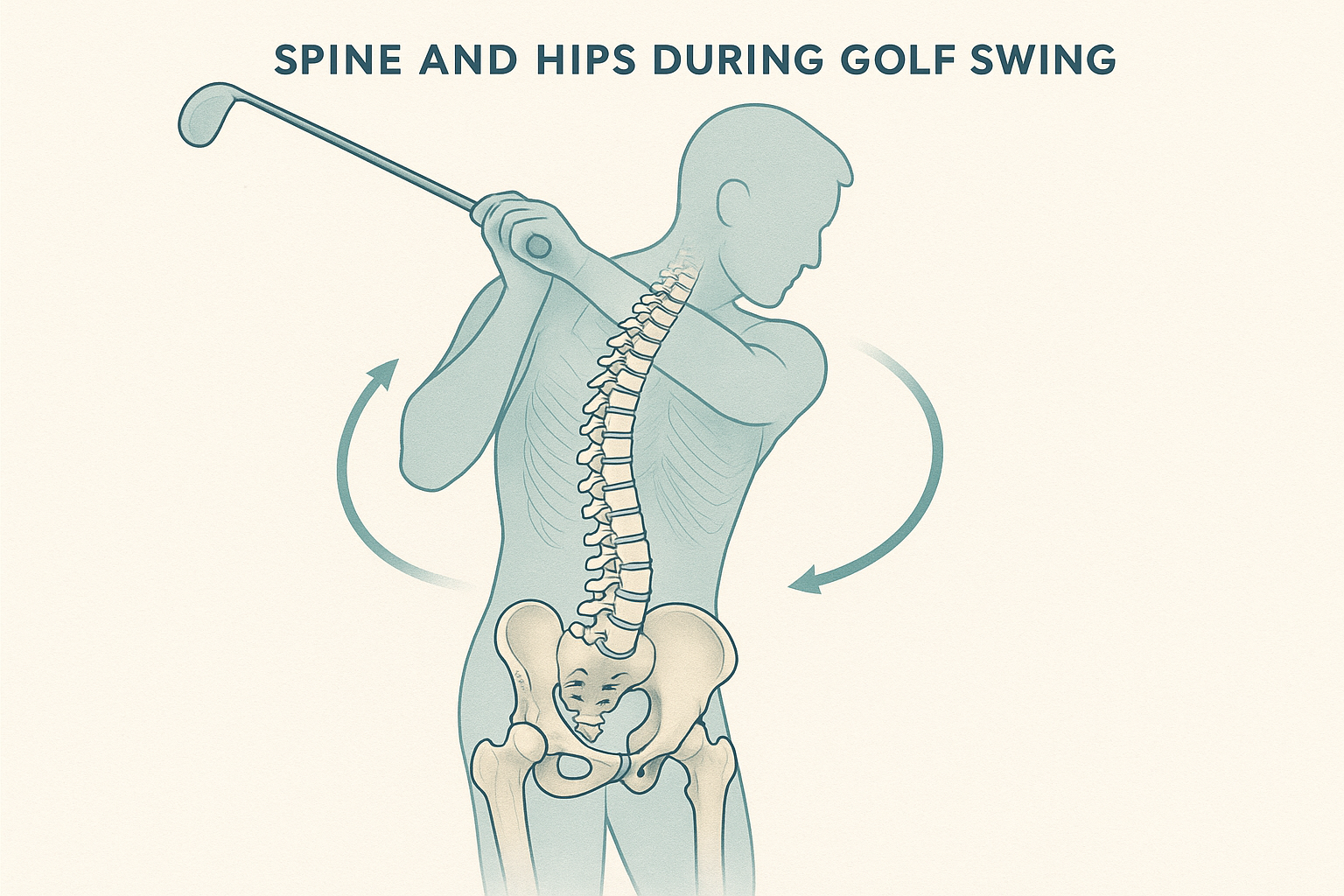 Illustration showing spine and hip rotation stress points targeted by golf injury prevention exercises