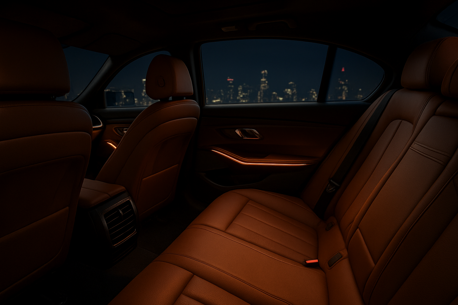 Interior of a luxury vehicle used for point to point transfers showing premium seating and city view