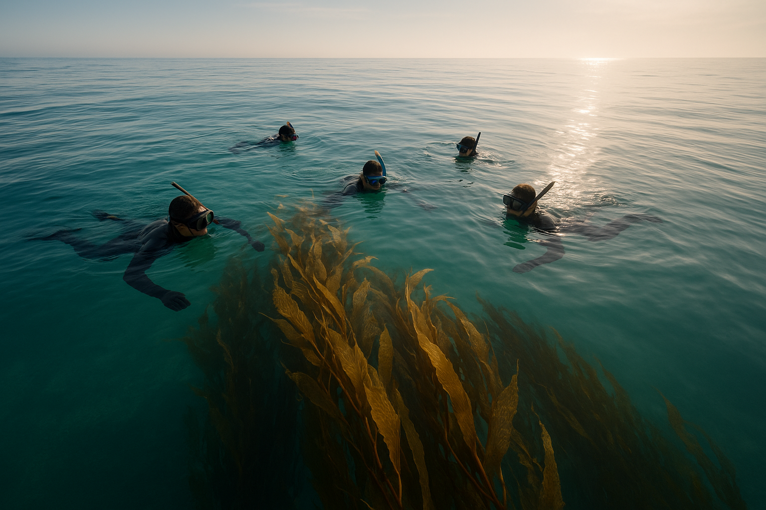 Snorkelers on a seasonal snorkel tour in San Diego swimming near a kelp paddy