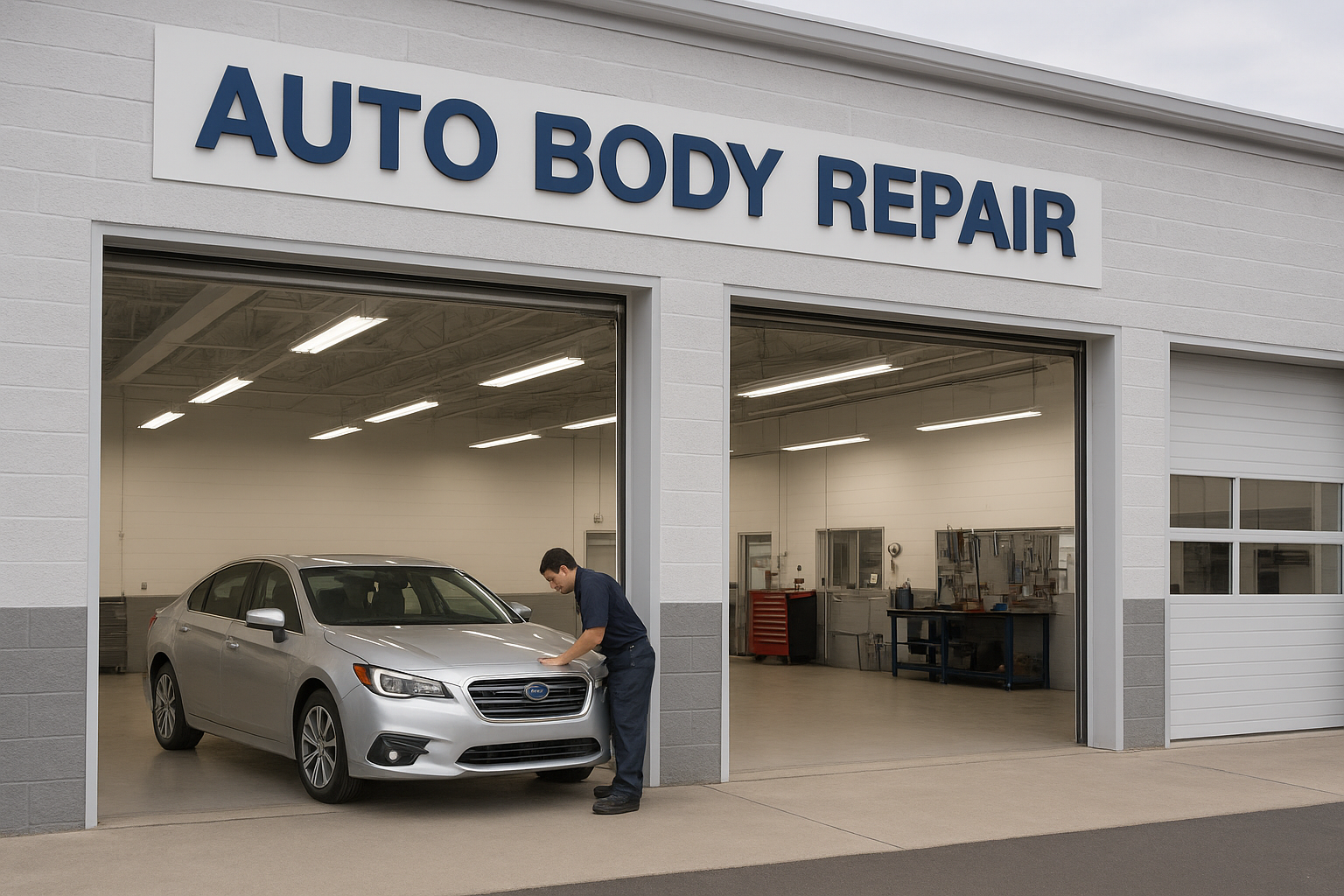 Certified auto body inc technician inspecting a silver sedan inside a professional repair shop