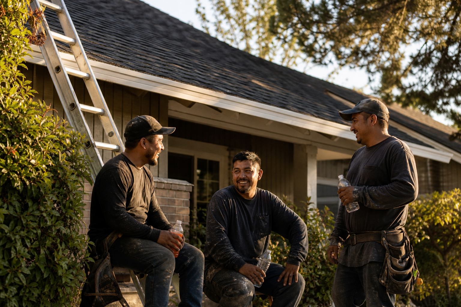 Roofing crew finishing a residential job used as proof in local advertising