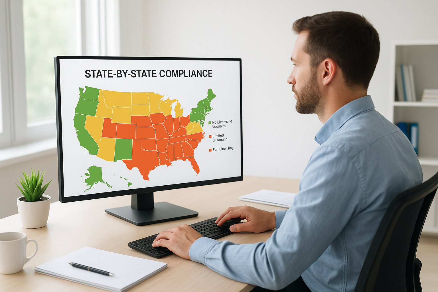 Practice administrator viewing a state-by-state supervision compliance map on a monitor