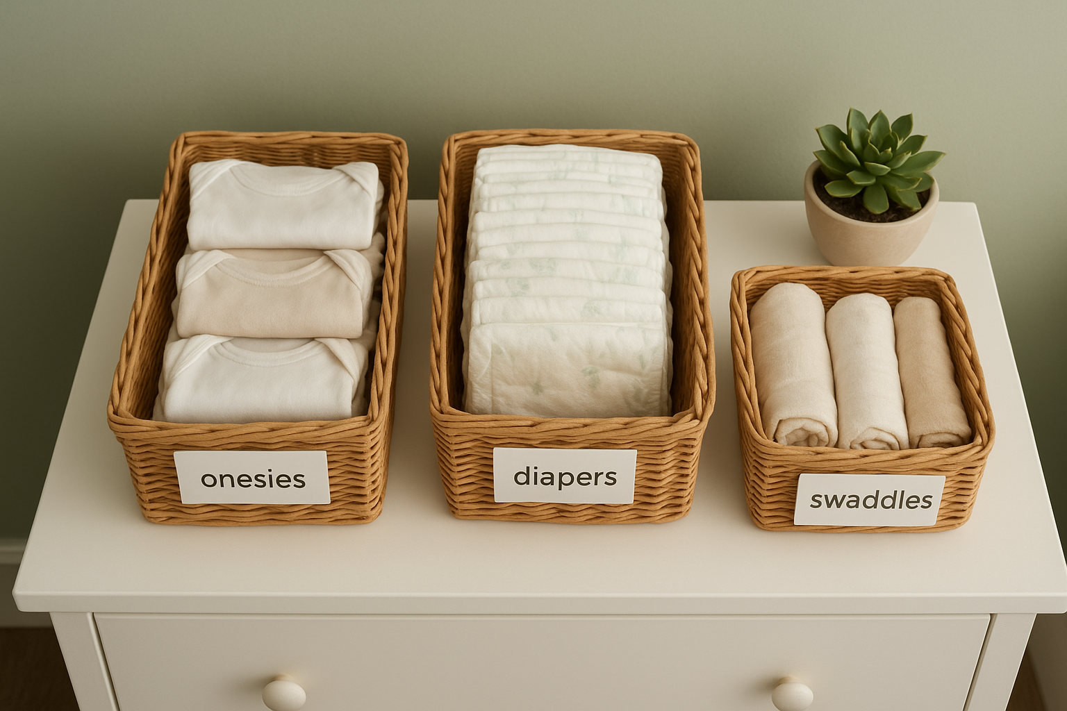 Organized nursery dresser with labeled baskets for baby clothing, diapers, and swaddle blankets as part of a complete newborn nursery setup