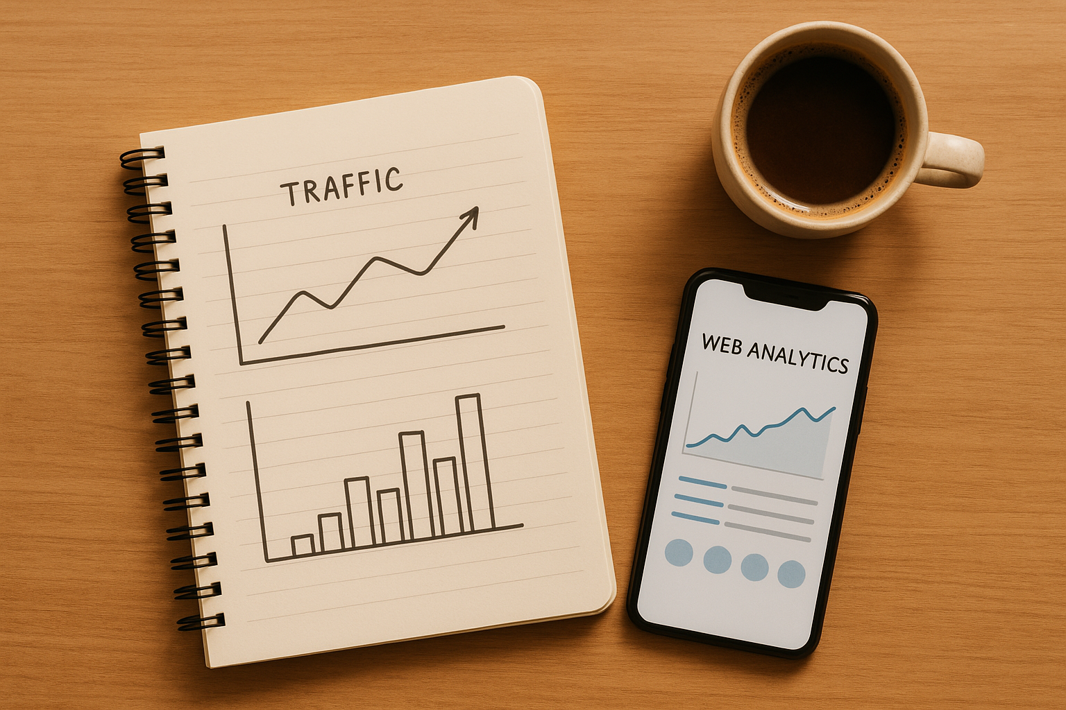 Notebook and smartphone showing web traffic data used to monitor site visitors and measure page views