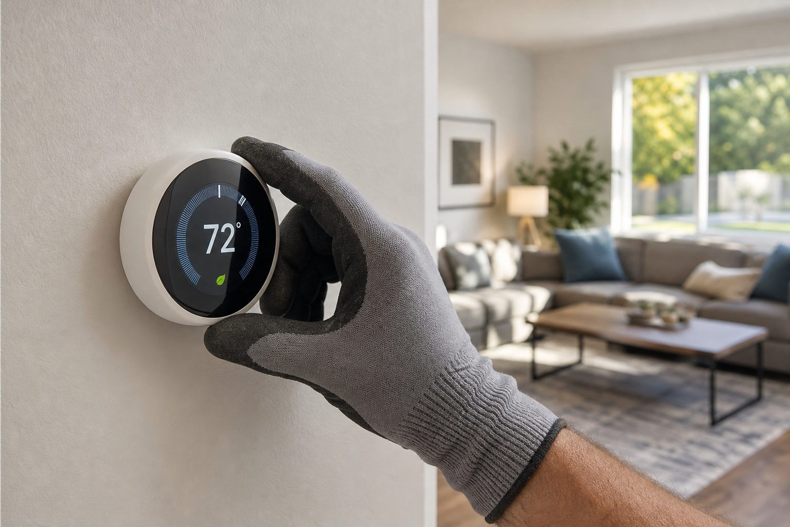 Inspector testing thermostat response during a home cooling evaluation