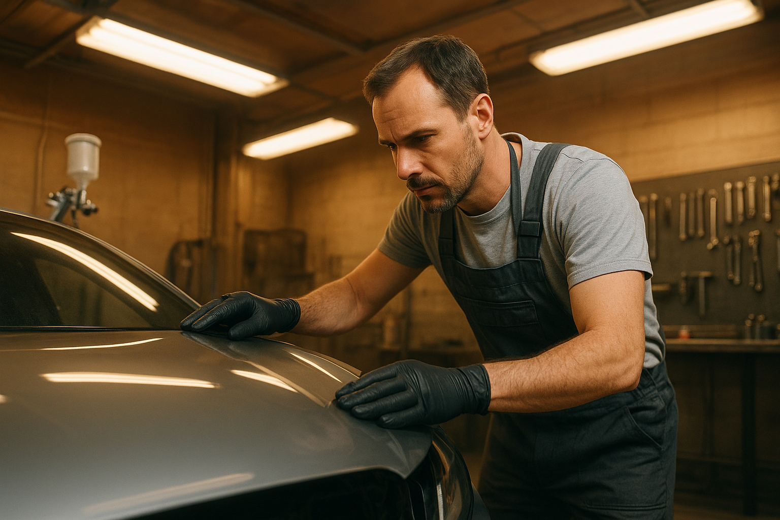 Certified technician at a PB body shop inspecting a vehicle panel before collision repair