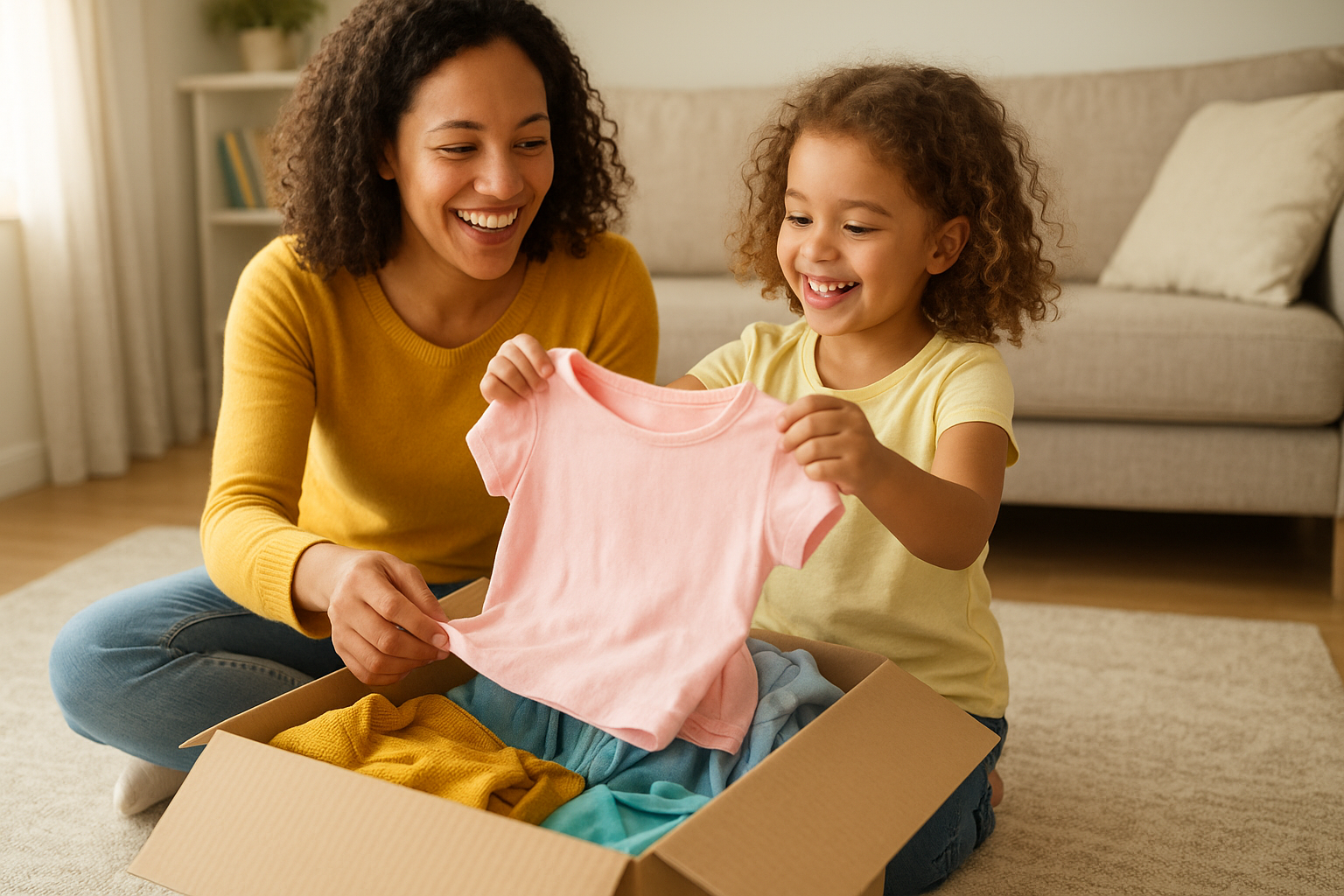 Parent and child choosing items together from a children's clothing subscription box