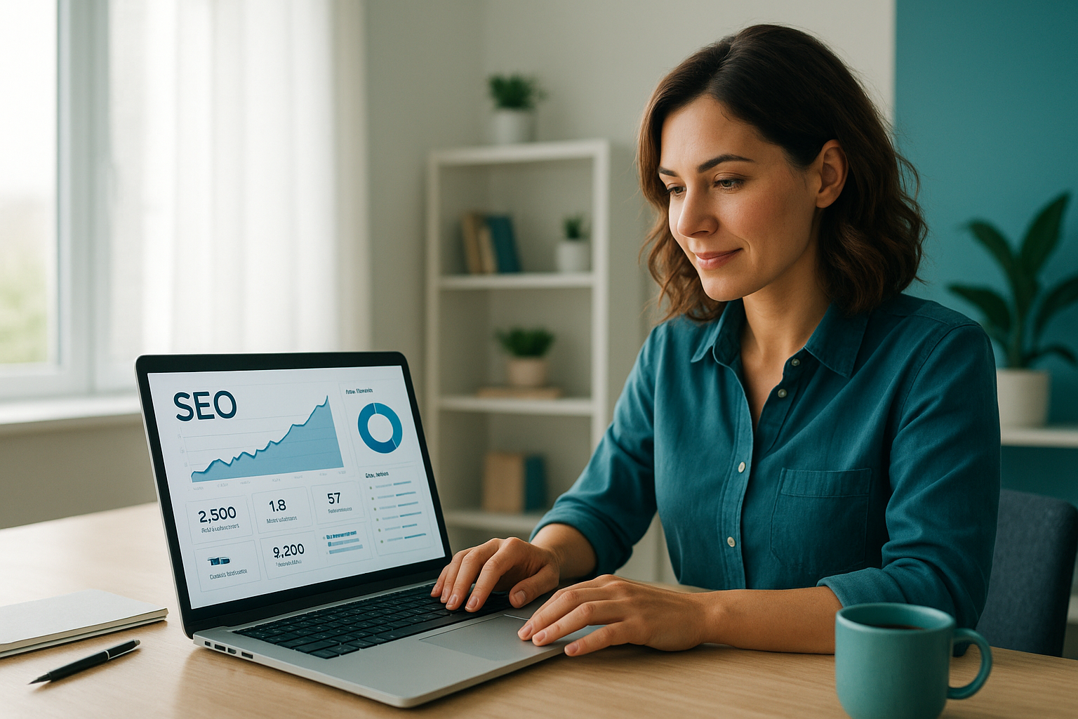 Business owner reviewing GoDaddy SEO performance dashboard on laptop