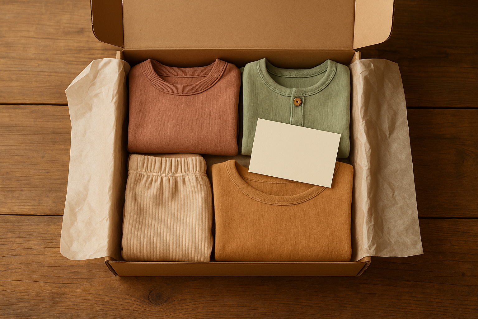 Open children's fashion rental subscription box with neatly folded premium kids' clothing inside