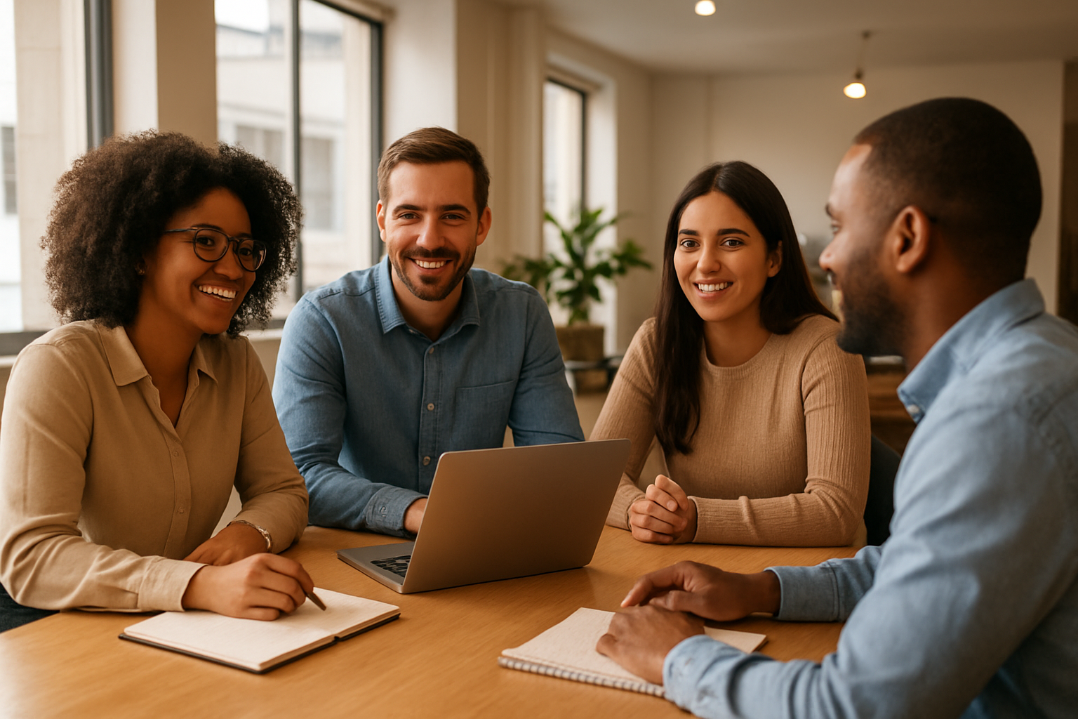 Diverse small business team collaborating in a meeting, representing strong HR practices and workplace culture