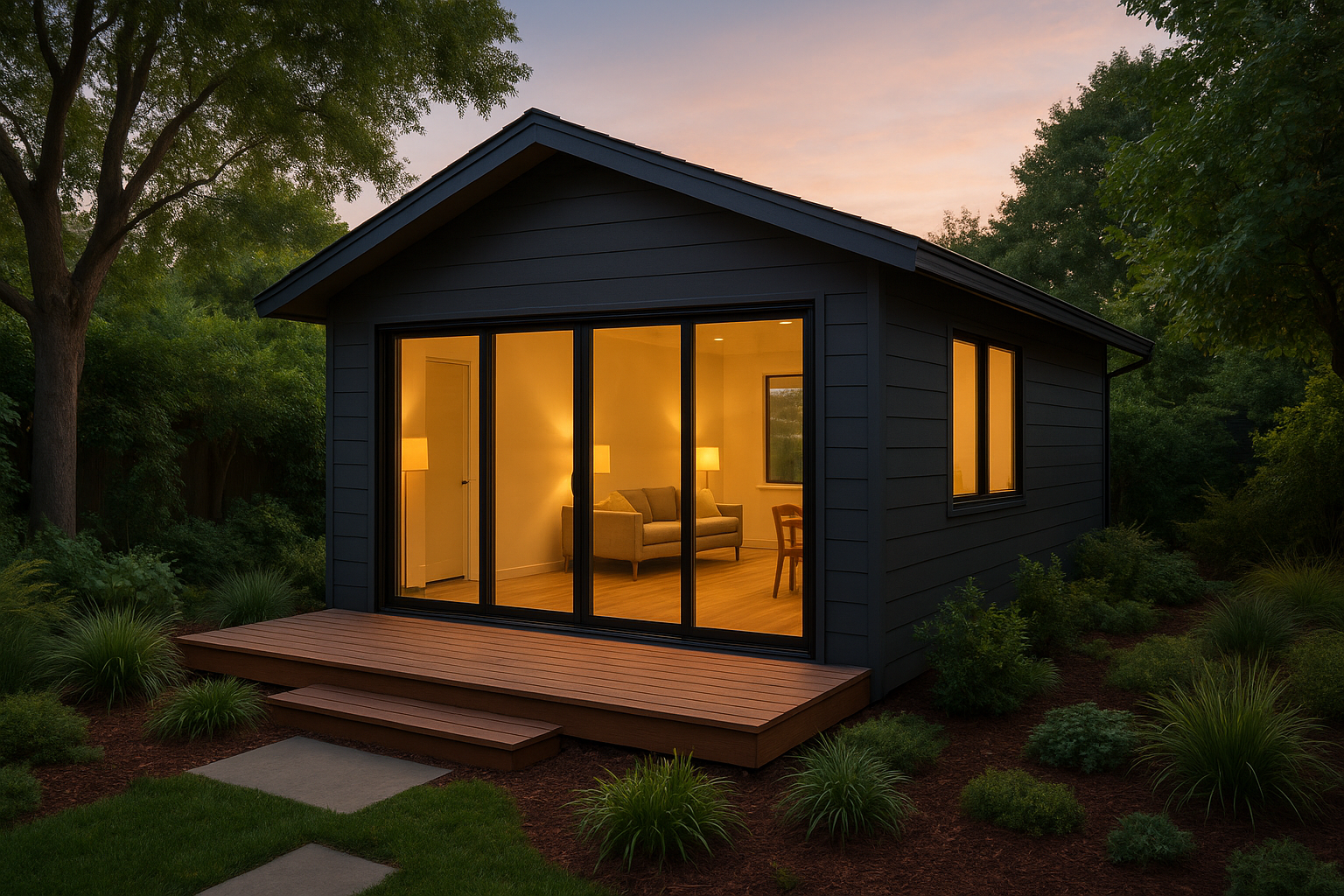 Modern detached accessory dwelling unit design with glass doors and wood deck in a backyard setting