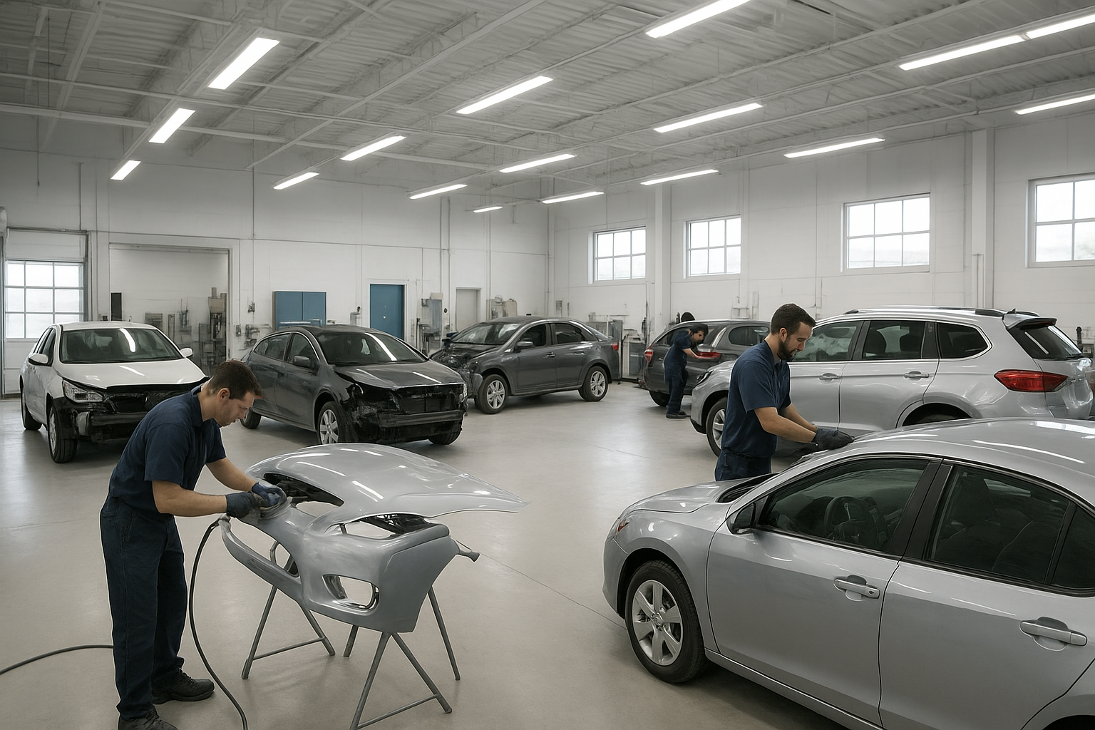 Modern auto body shop interior showing multiple vehicles undergoing body shop work