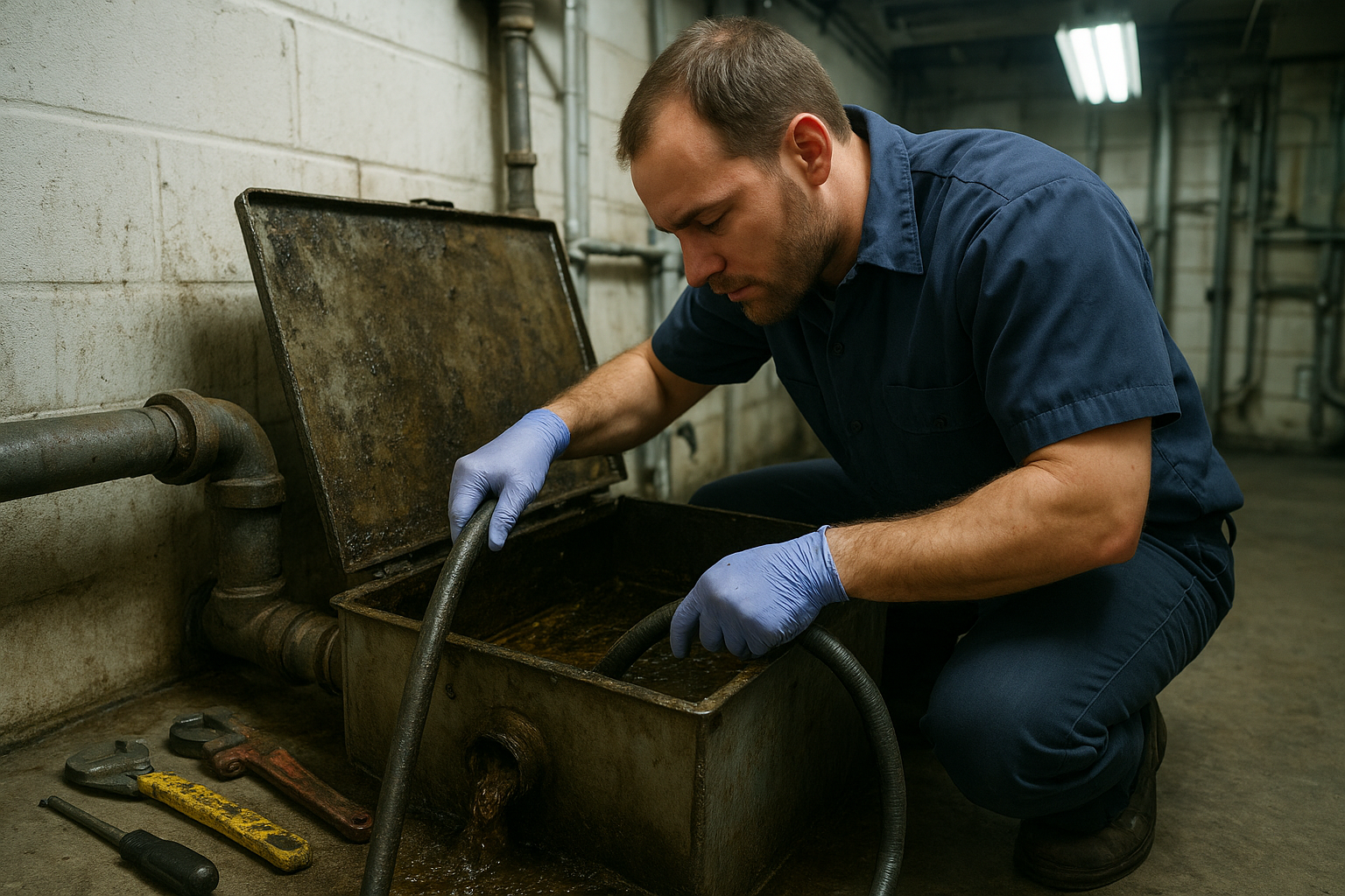 1285747d_grease-trap-maintenance-restaurant Technician cleaning a commercial grease trap during restaurant plumbing maintenance