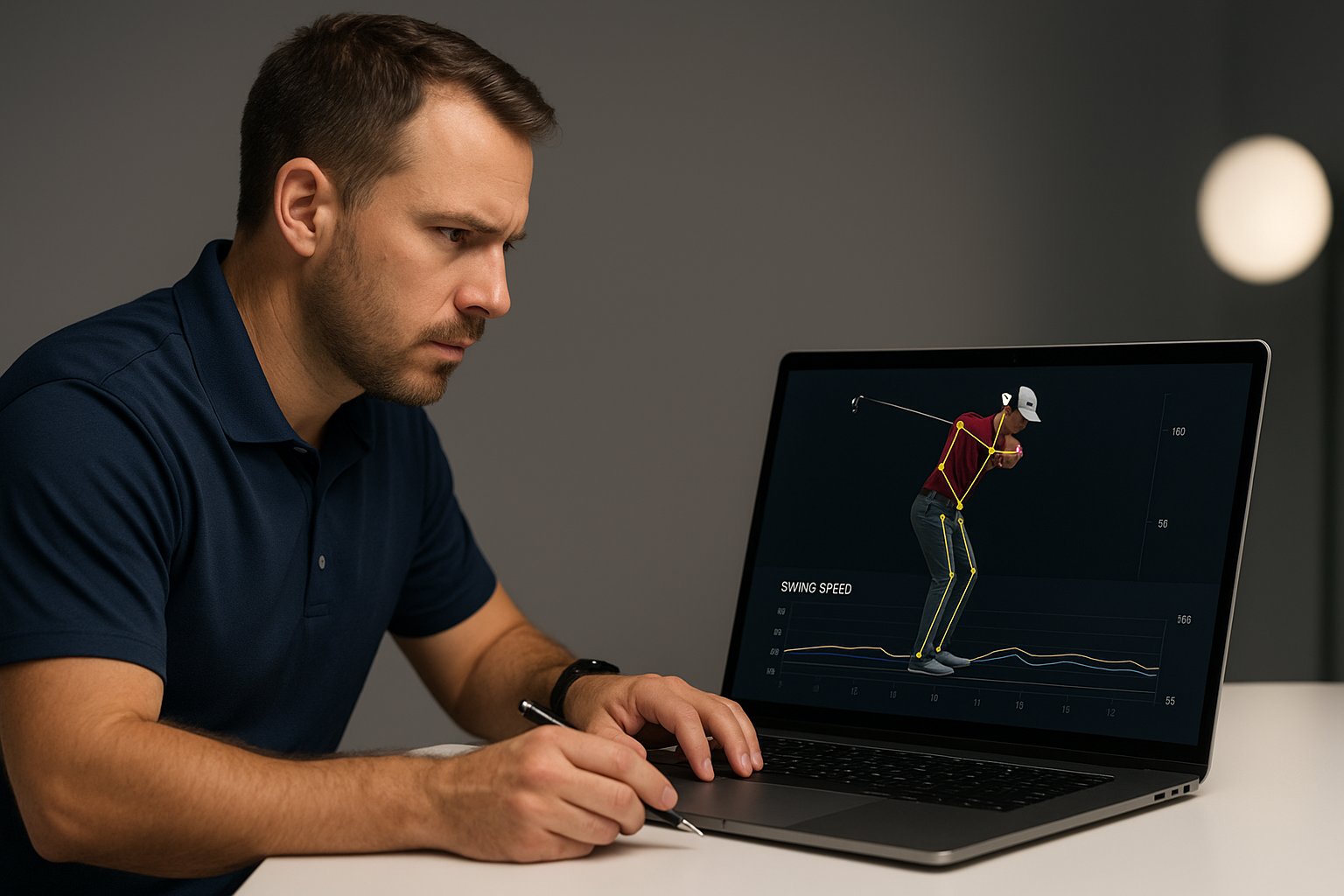 Golf coach reviewing swing biomechanics data charts on a laptop during a virtual lesson