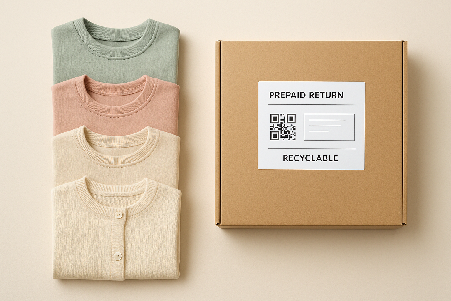 Folded premium children's clothing ready for return shipping in a kids clothing rental program