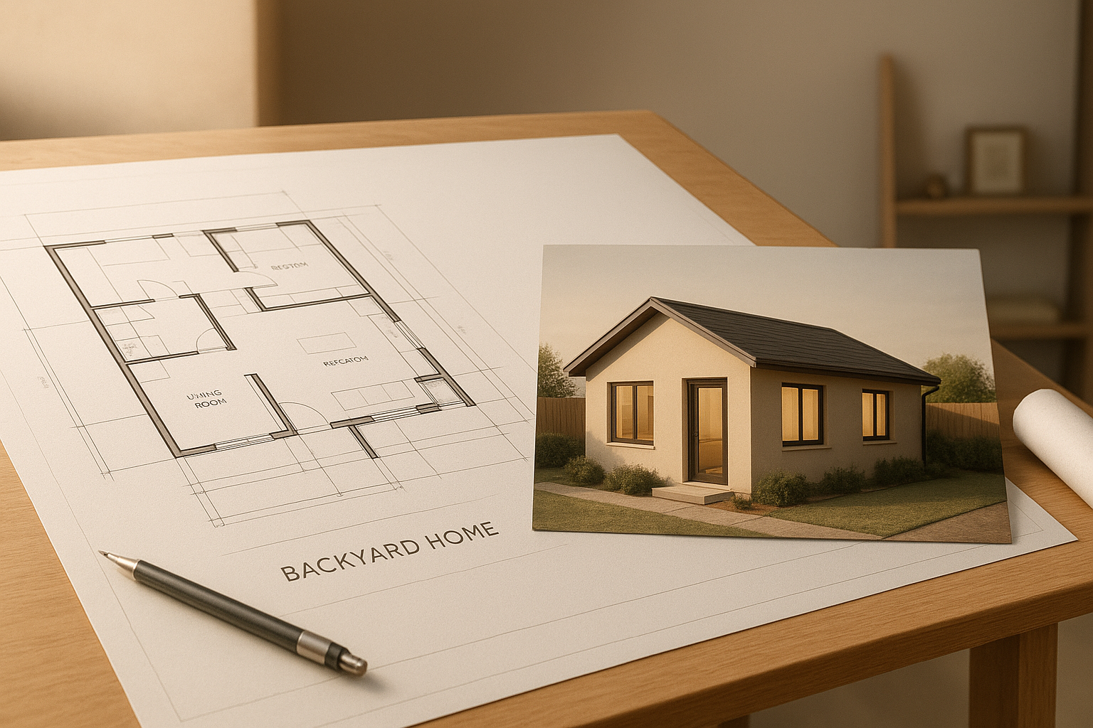 ADU architectural design Southern California floor plan blueprint on a drafting table