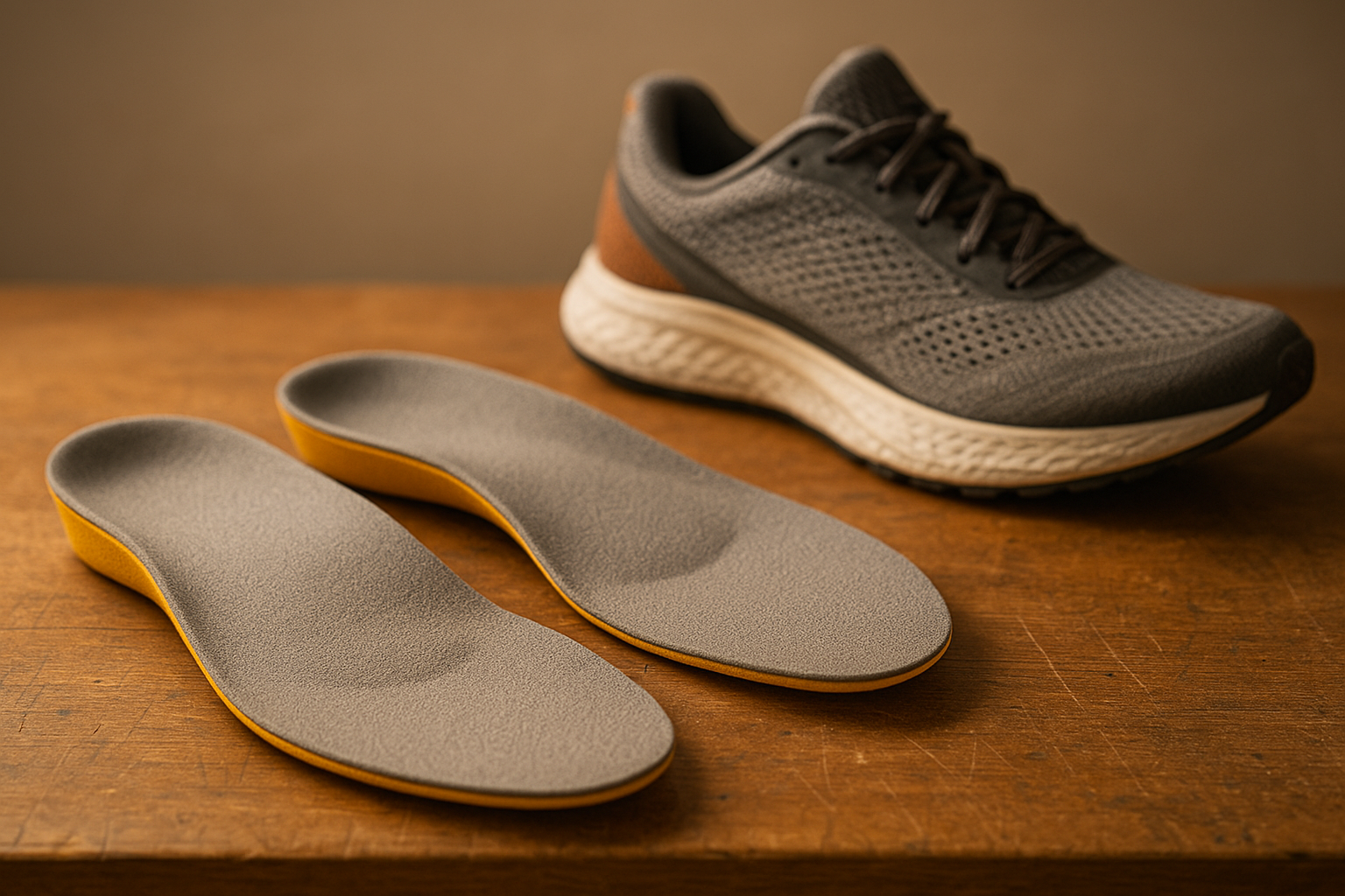 Finished custom athletic insoles placed beside a running shoe on a fabrication workbench