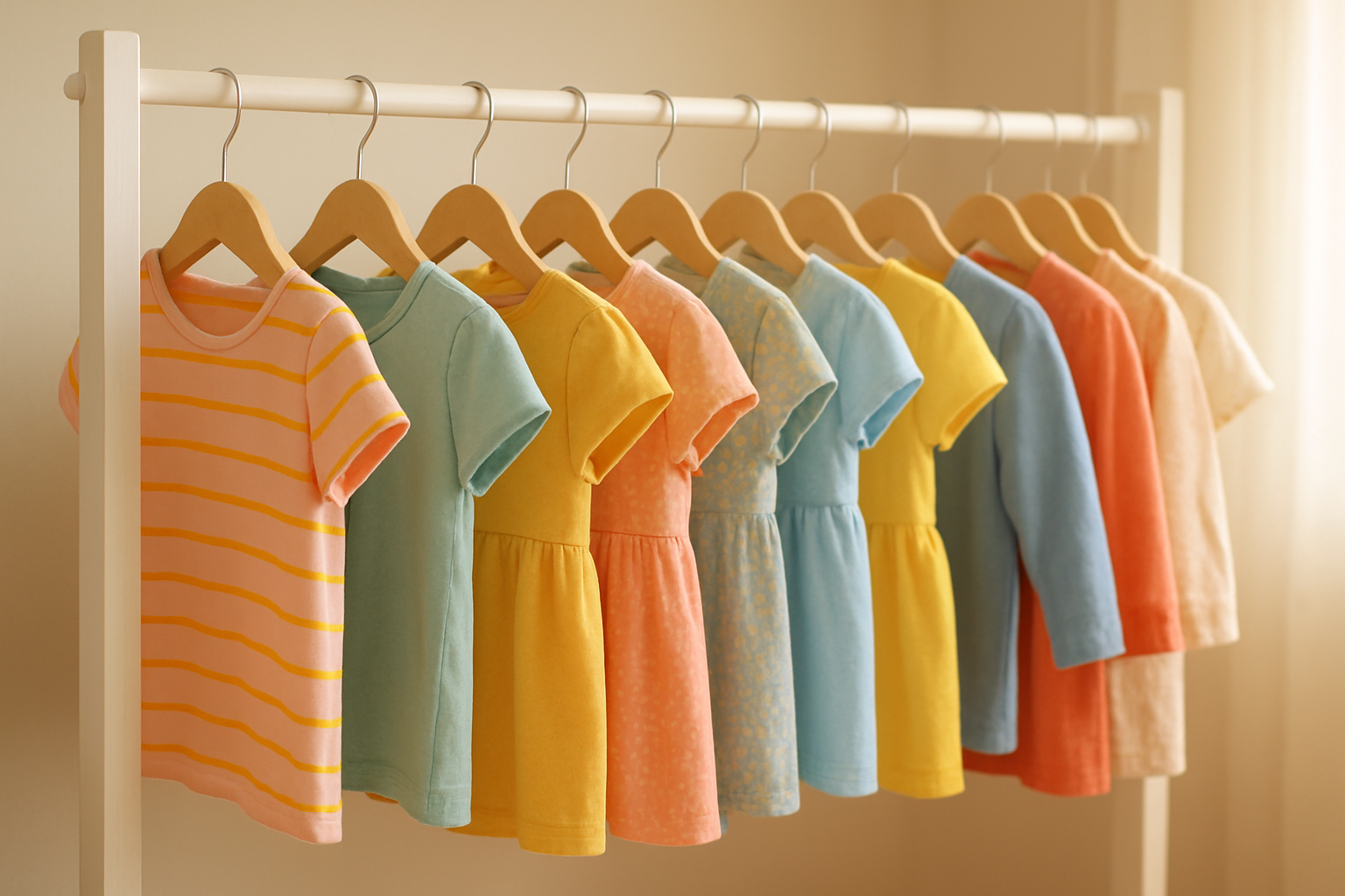 Rack of curated children's apparel available through a kids clothing rental plan