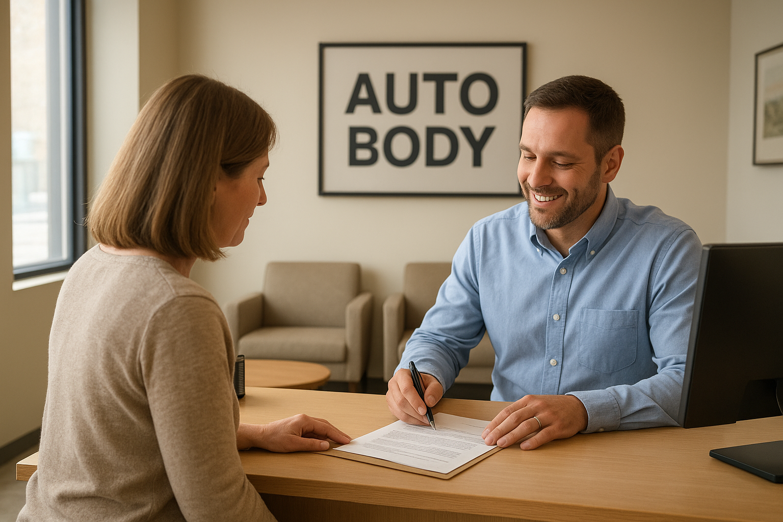Shop manager reviewing insurance estimate paperwork with a vehicle owner at a family auto body shop front desk