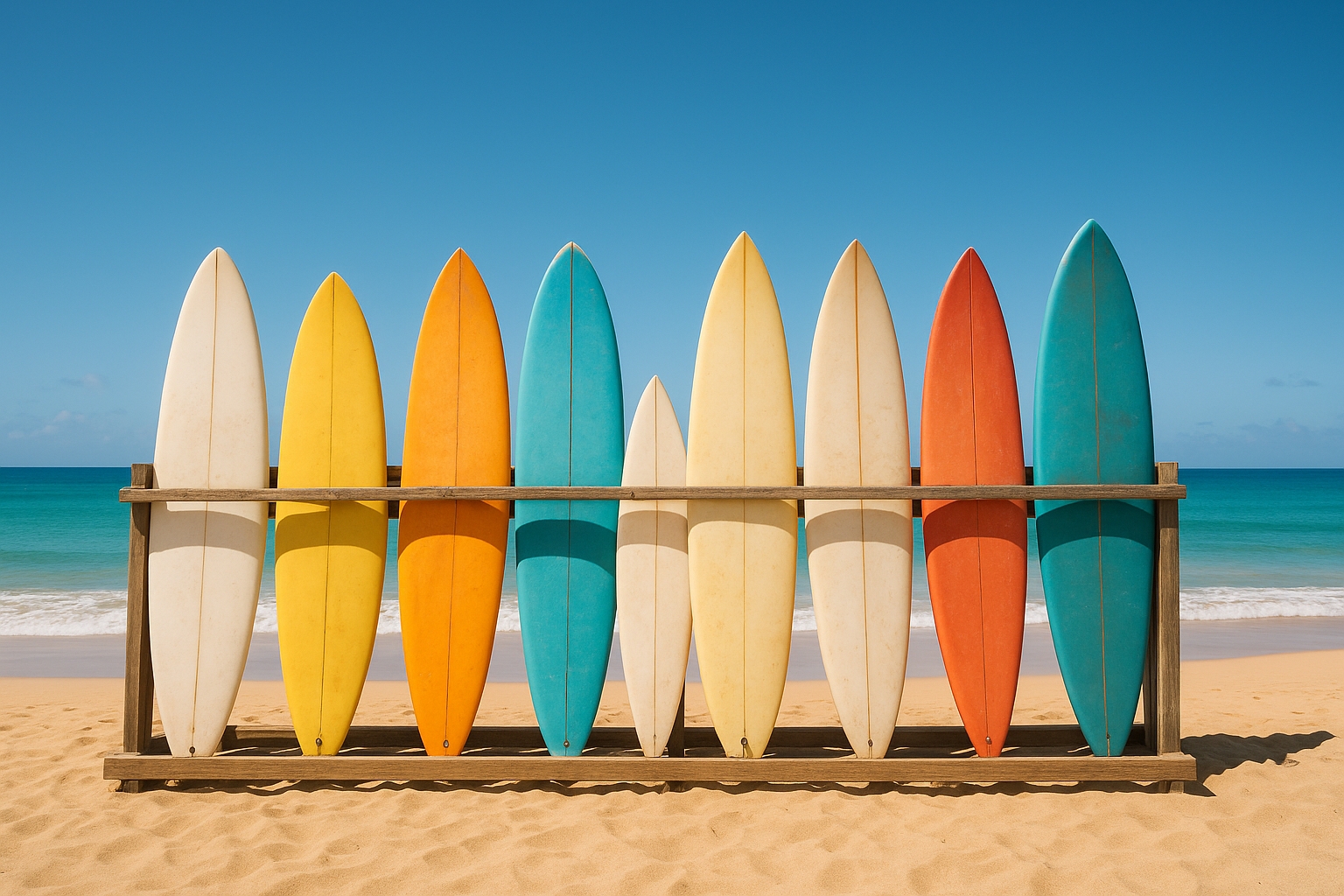 Rack of rental surfboards in different sizes for surfboard fitting comparisons