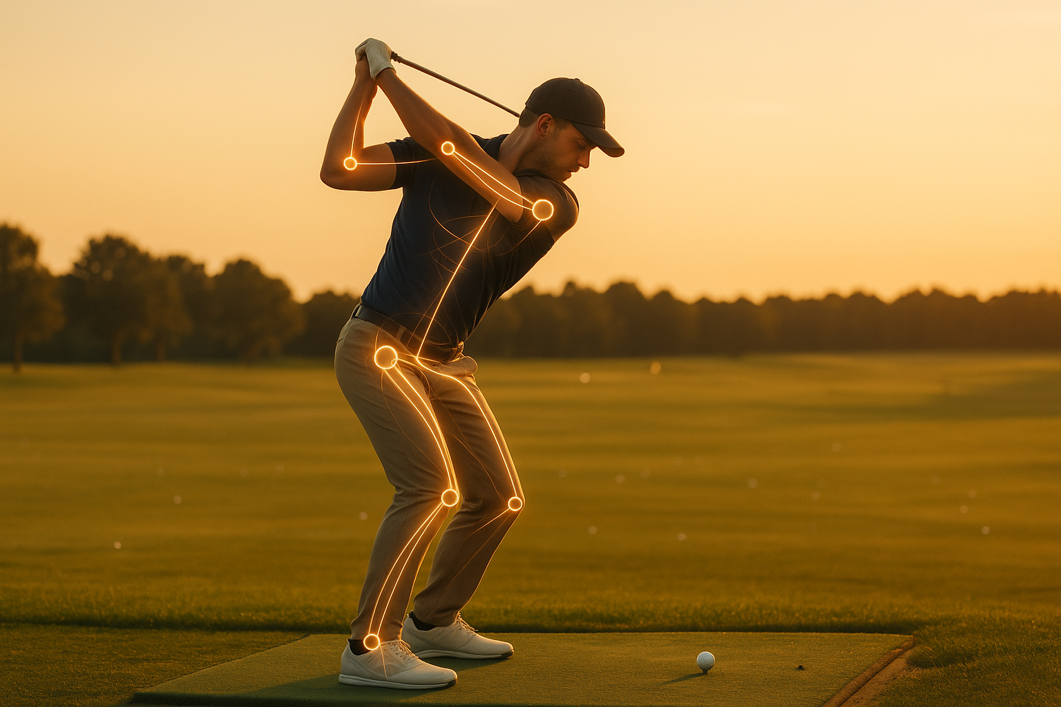 Golfer performing science-based golf swing analysis with motion tracking overlay