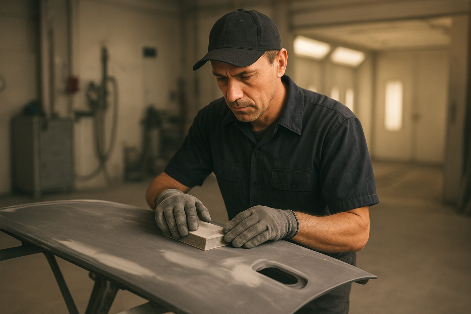 Brea vehicle body damage repair technician sanding a car door panel before refinishing